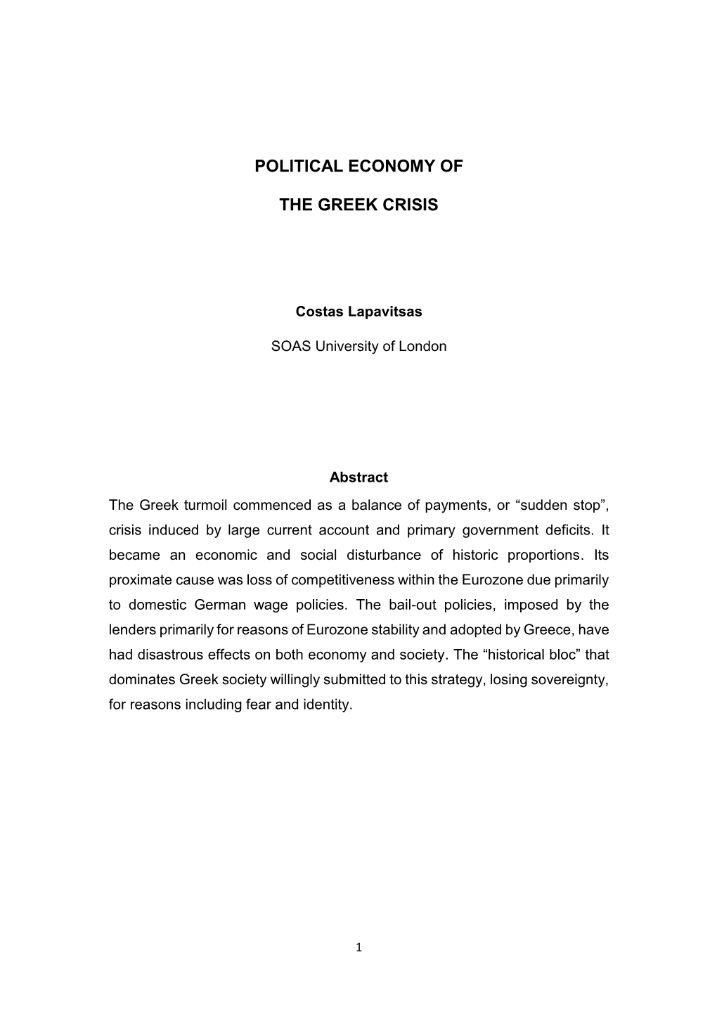 Political Economy of the Greek Crisis