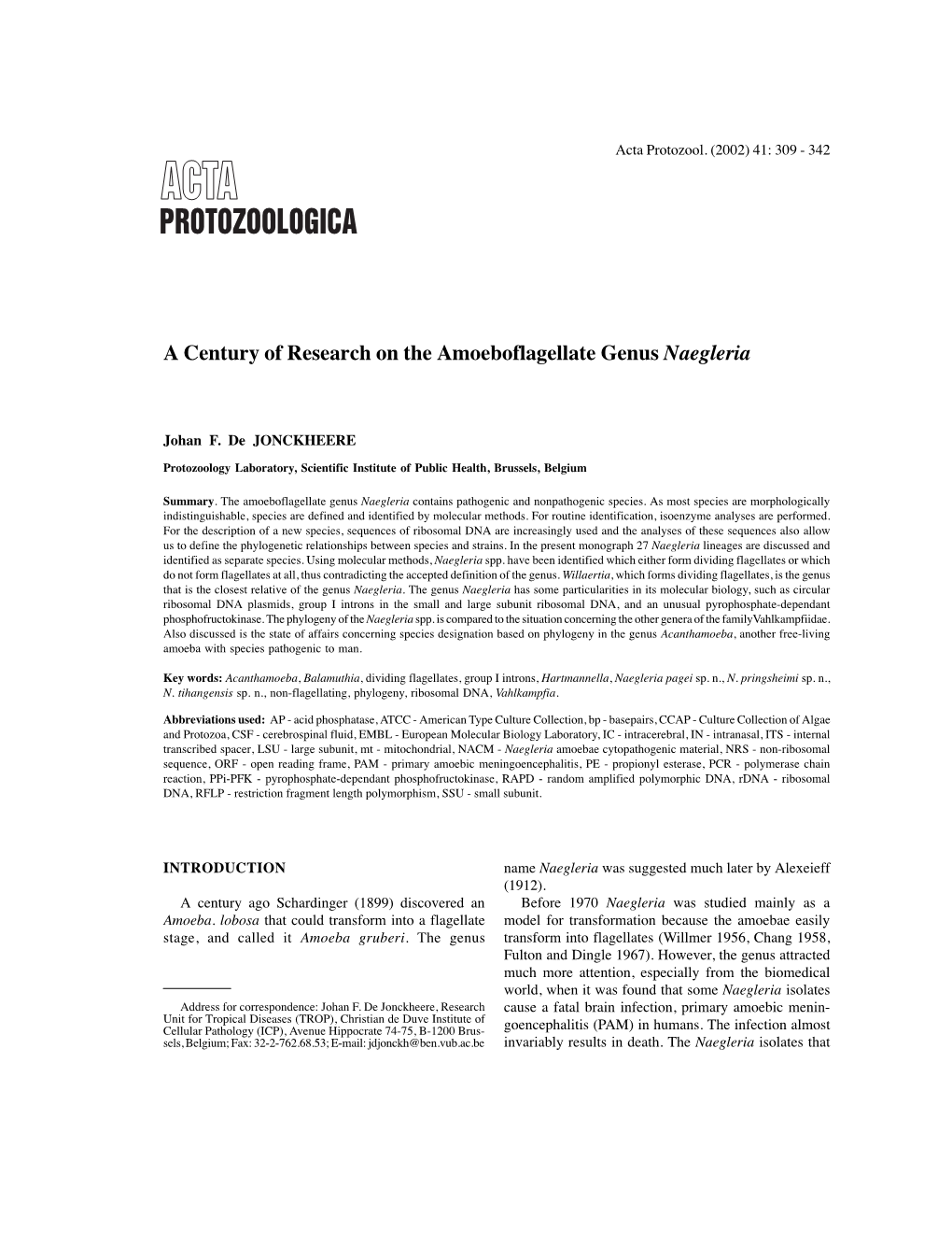 A Century of Research on the Amoeboflagellate Genus Naegleria