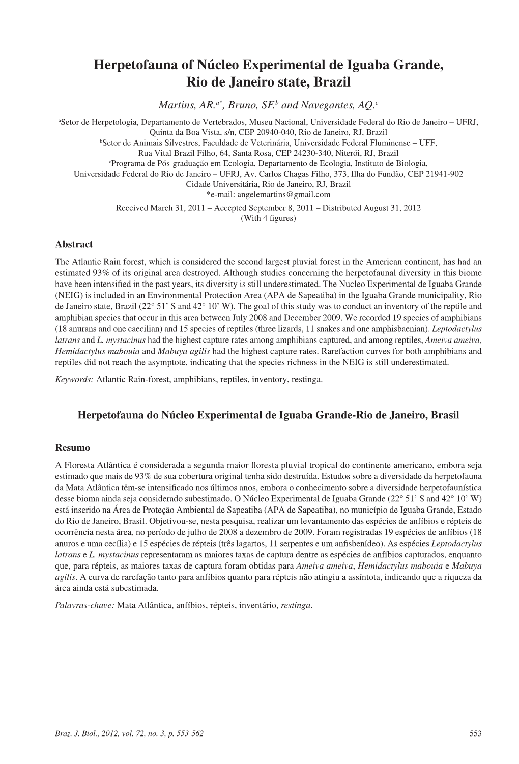 Herpetofauna of Núcleo Experimental De Iguaba Grande, Rio De Janeiro