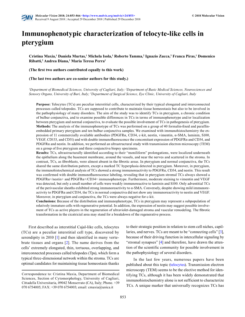 Immunophenotypic Characterization of Telocyte-Like Cells in Pterygium