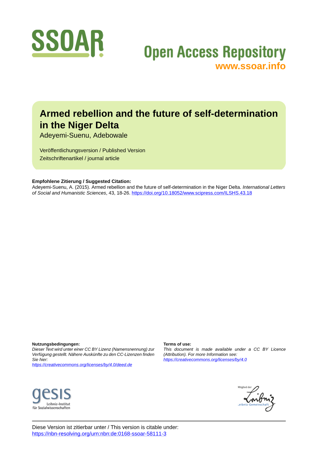 Armed Rebellion and the Future of Self-Determination in the Niger Delta Adeyemi-Suenu, Adebowale