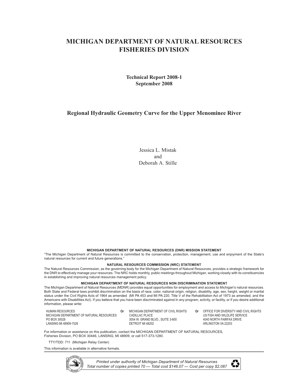 Regional Hydraulic Geometry Curve for the Upper Menominee River