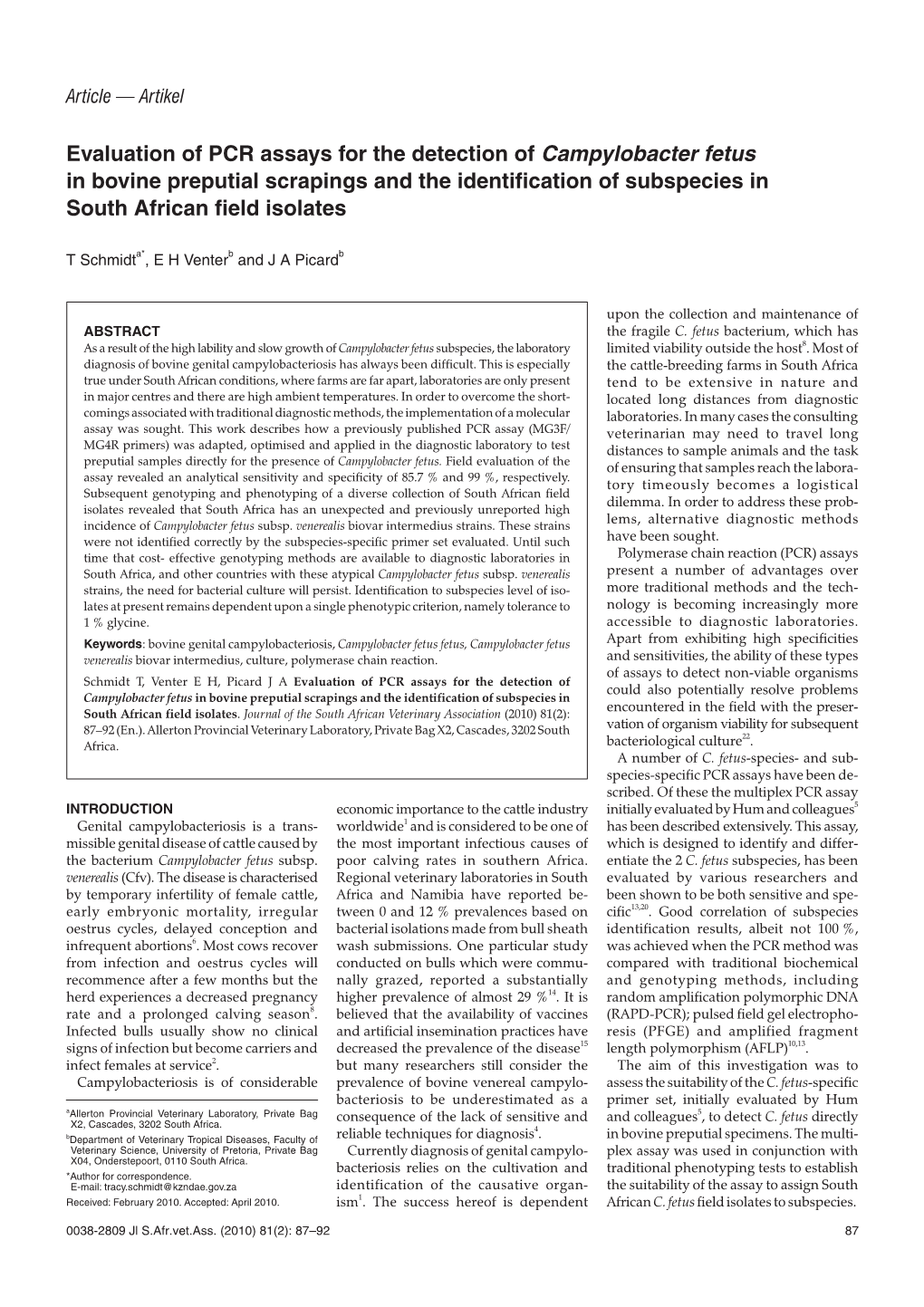 Evaluation of PCR Assays for the Detection of Campylobacter Fetus in Bovine Preputial Scrapings and the Identification of Subspecies in South African Field Isolates