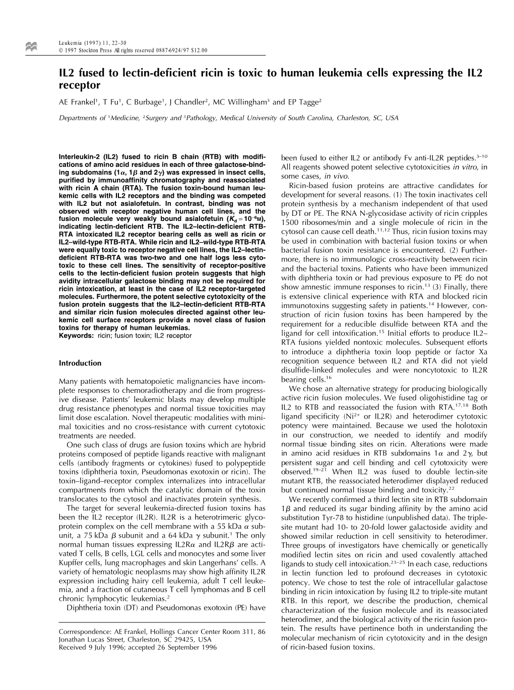 IL2 Fused to Lectin-Deficient Ricin Is Toxic to Human Leukemia Cells Expressing the IL2 Receptor