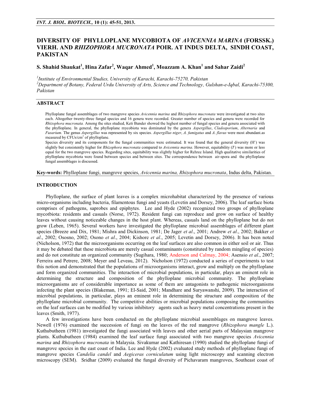 Diversity of Phylloplane Mycobiota of Avicennia Marina (Forssk.) Vierh