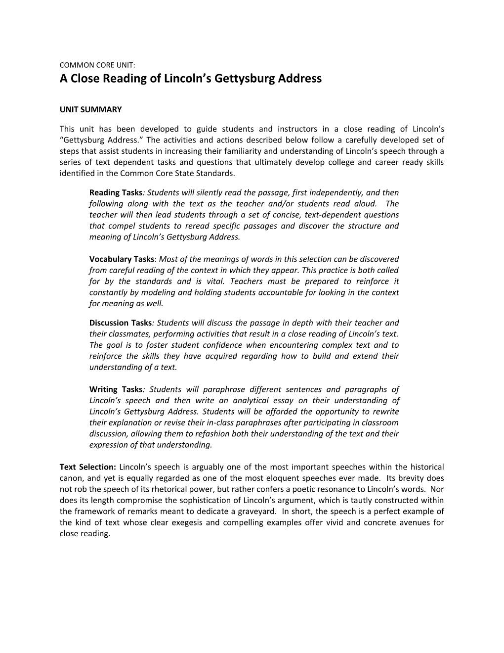 COMMON CORE UNIT: a Close Reading of Lincoln S Gettysburg Address