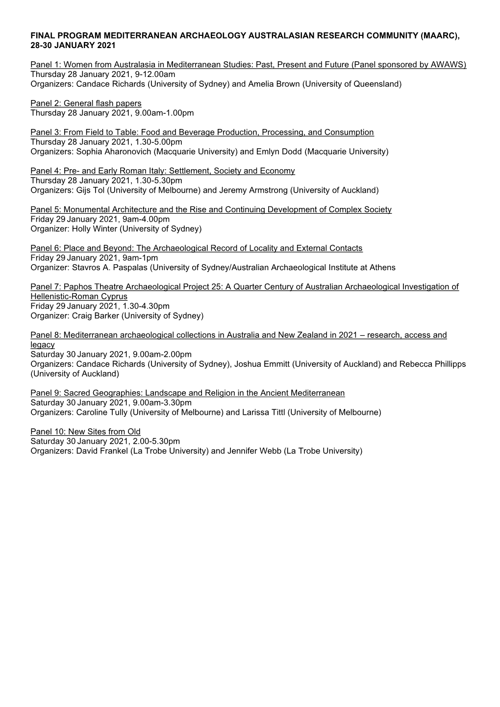 Final Program Mediterranean Archaeology Australasian Research Community (Maarc), 28-30 January 2021