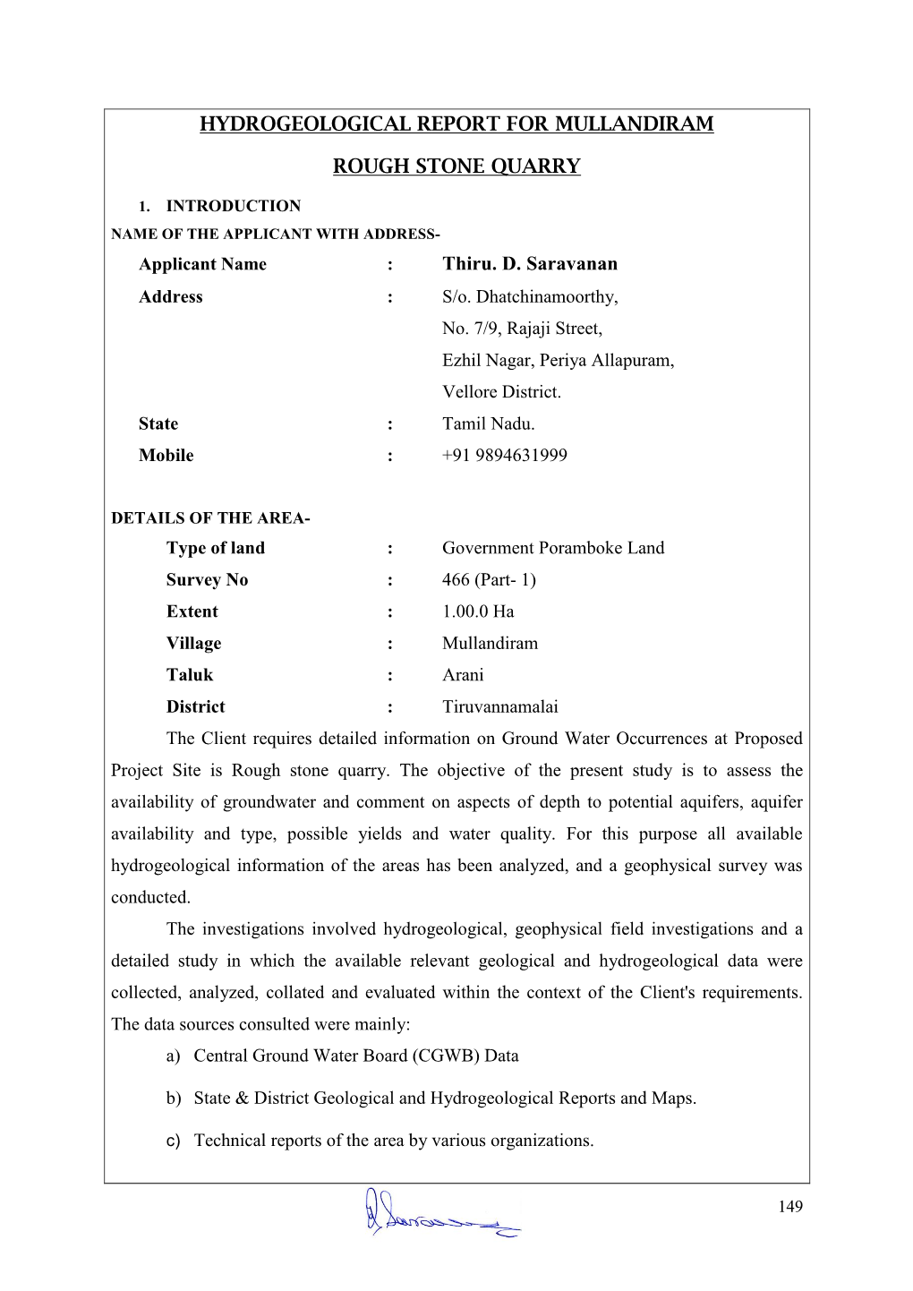 Hydrogeological Report for Mullandiram Rough Stone