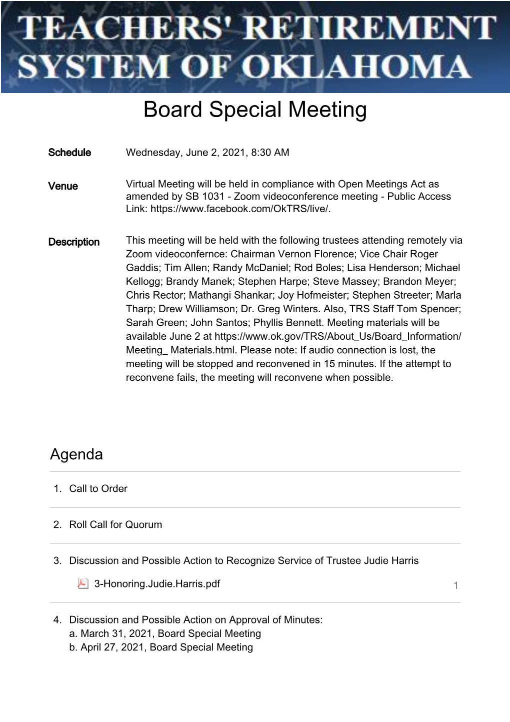 Board Special Meeting