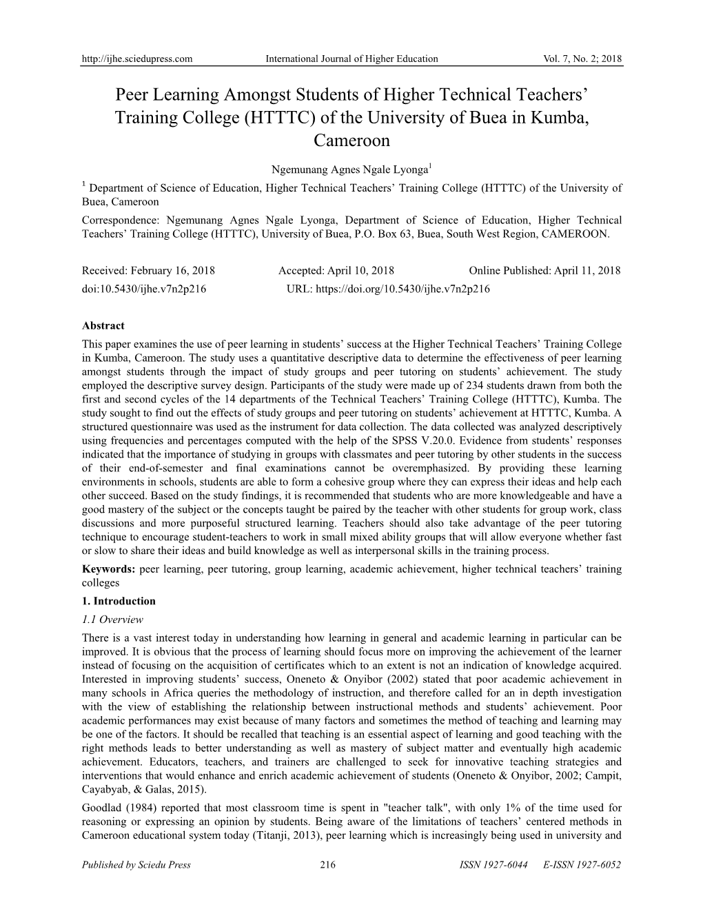 HTTTC) of the University of Buea in Kumba, Cameroon