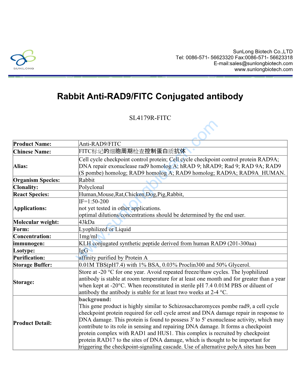 Rabbit Anti-RAD9/FITC Conjugated Antibody