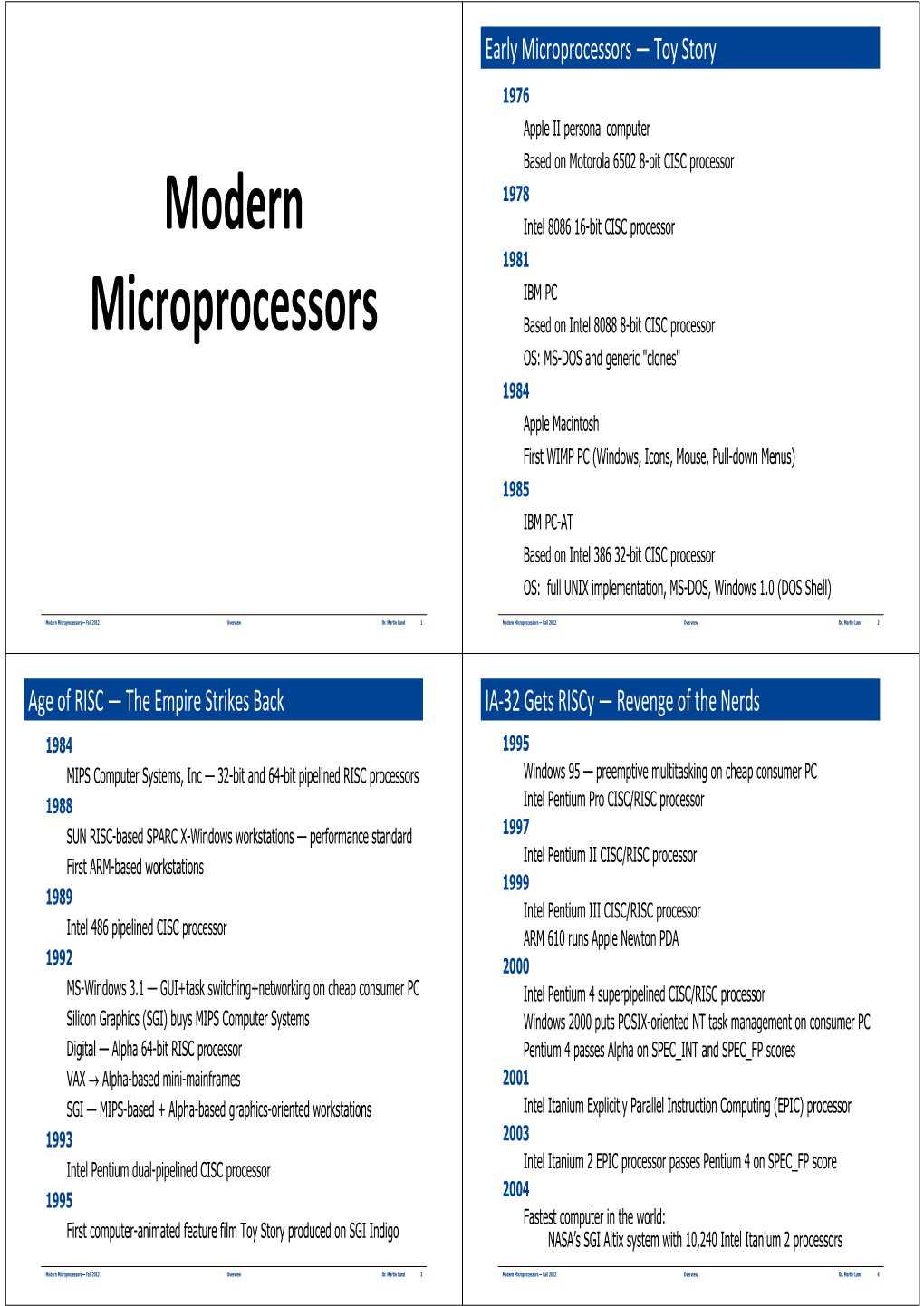 Modern Microprocessors — Fall 2012 Overview Dr