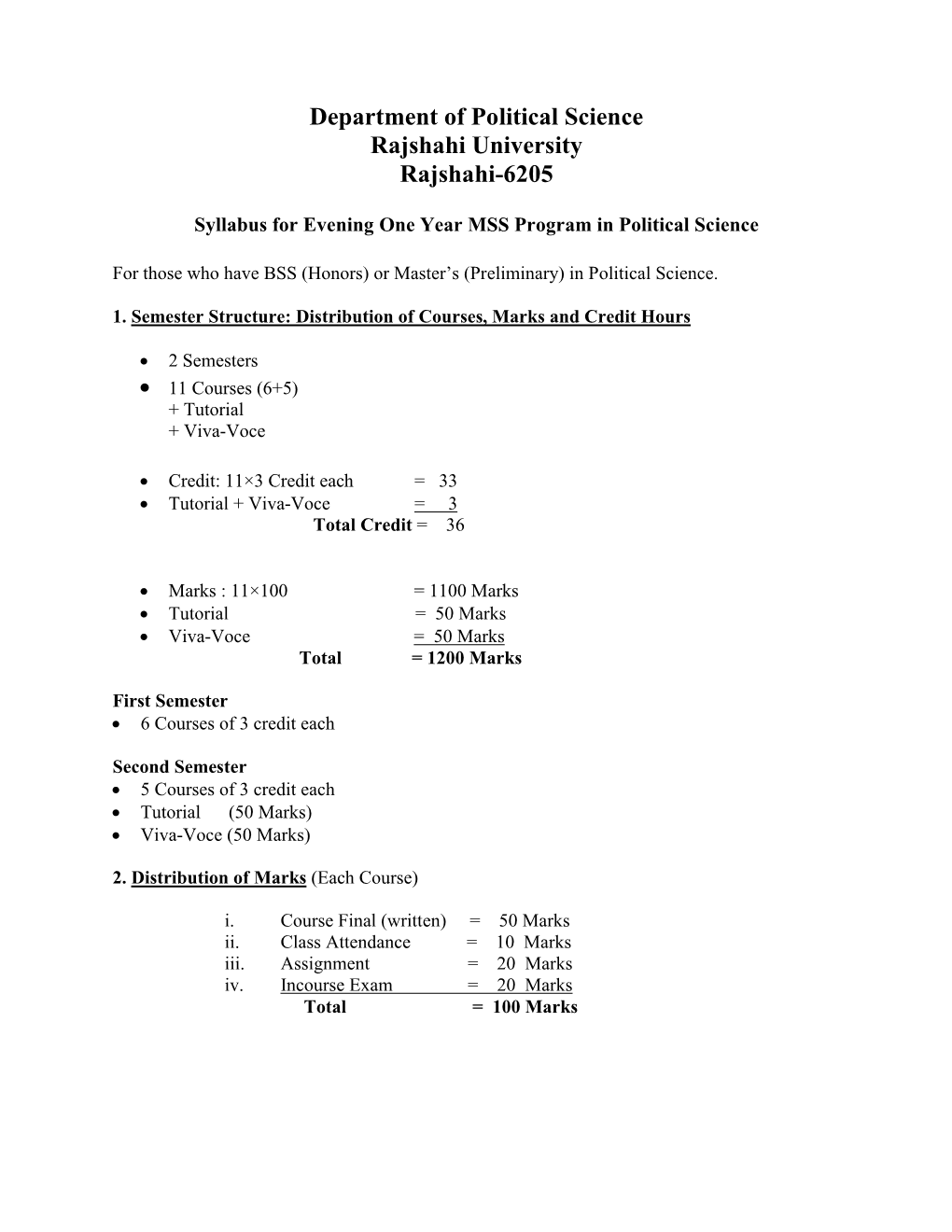 Department of Political Science Rajshahi University Rajshahi-6205