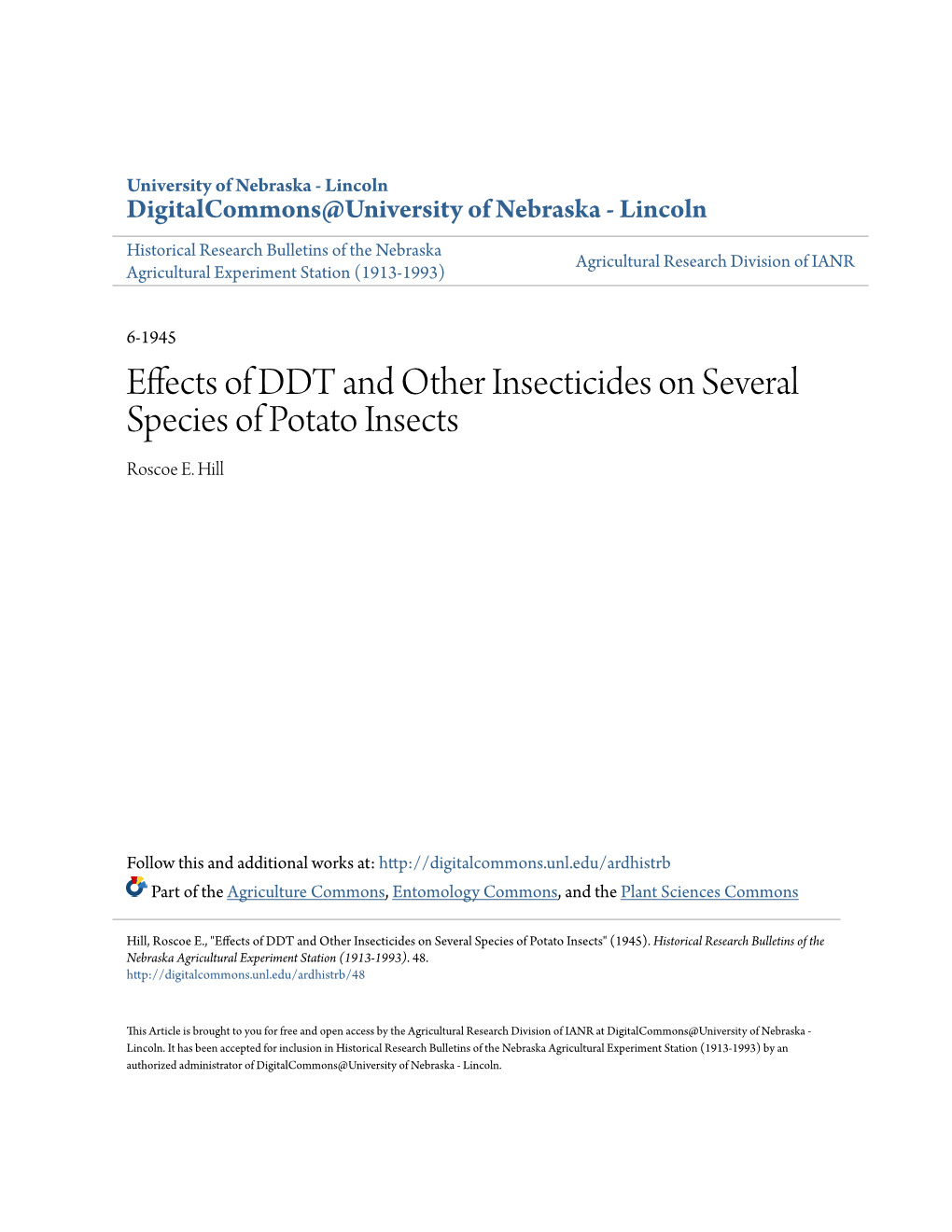 Effects of DDT and Other Insecticides on Several Species of Potato Insects Roscoe E
