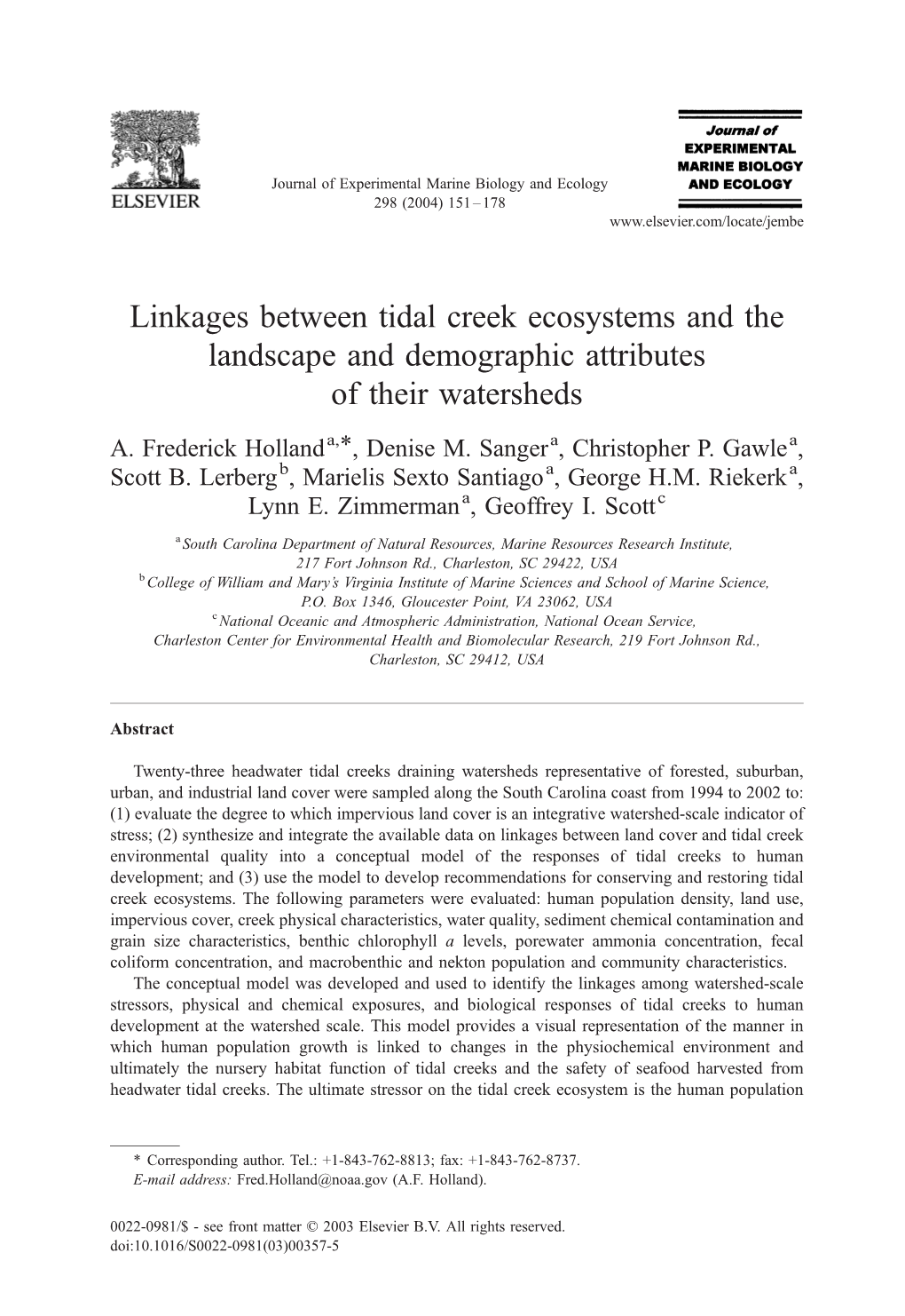 Linkages Between Tidal Creek Ecosystems and the Landscape and Demographic Attributes of Their Watersheds