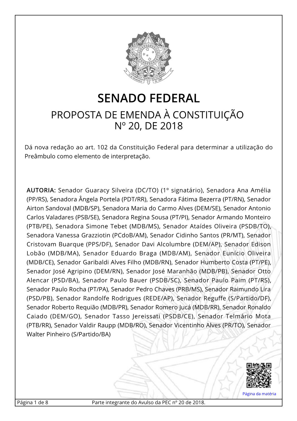 Senado Federal Proposta De Emenda À Constituição Nº 20, De 2018