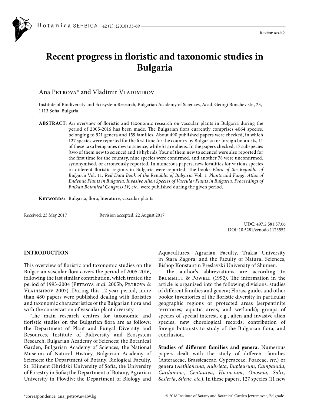 Recent Progress in Floristic and Taxonomic Studies in Bulgaria