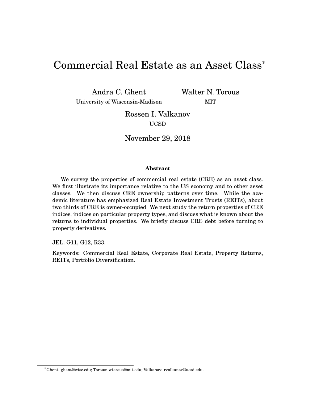 Commercial Real Estate As an Asset Class*