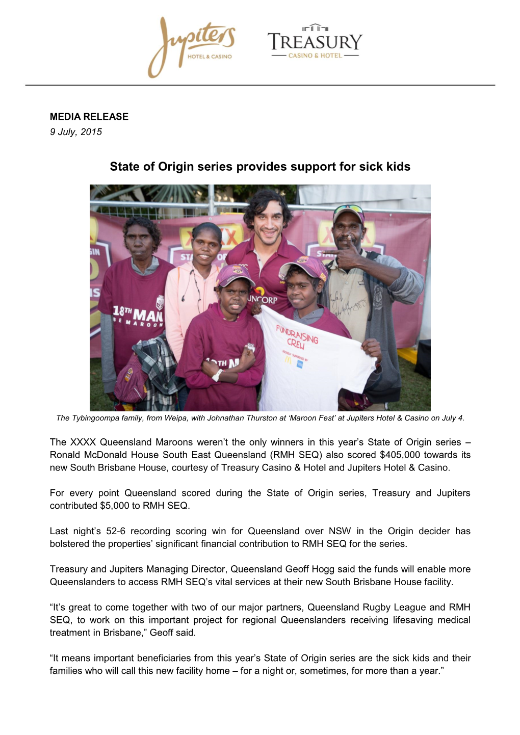 State of Origin Series Provides Support for Sick Kids