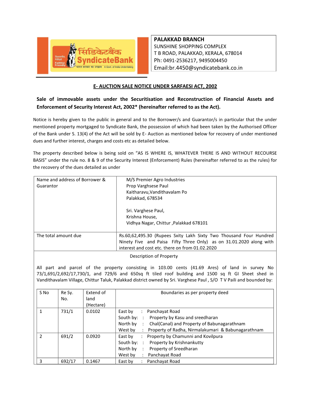 PALAKKAD BRANCH Email:Br.4450@Syndicatebank.Co.In