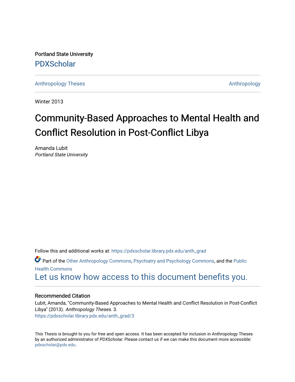 Community-Based Approaches to Mental Health and Conflict Resolution in Post-Conflict Libya