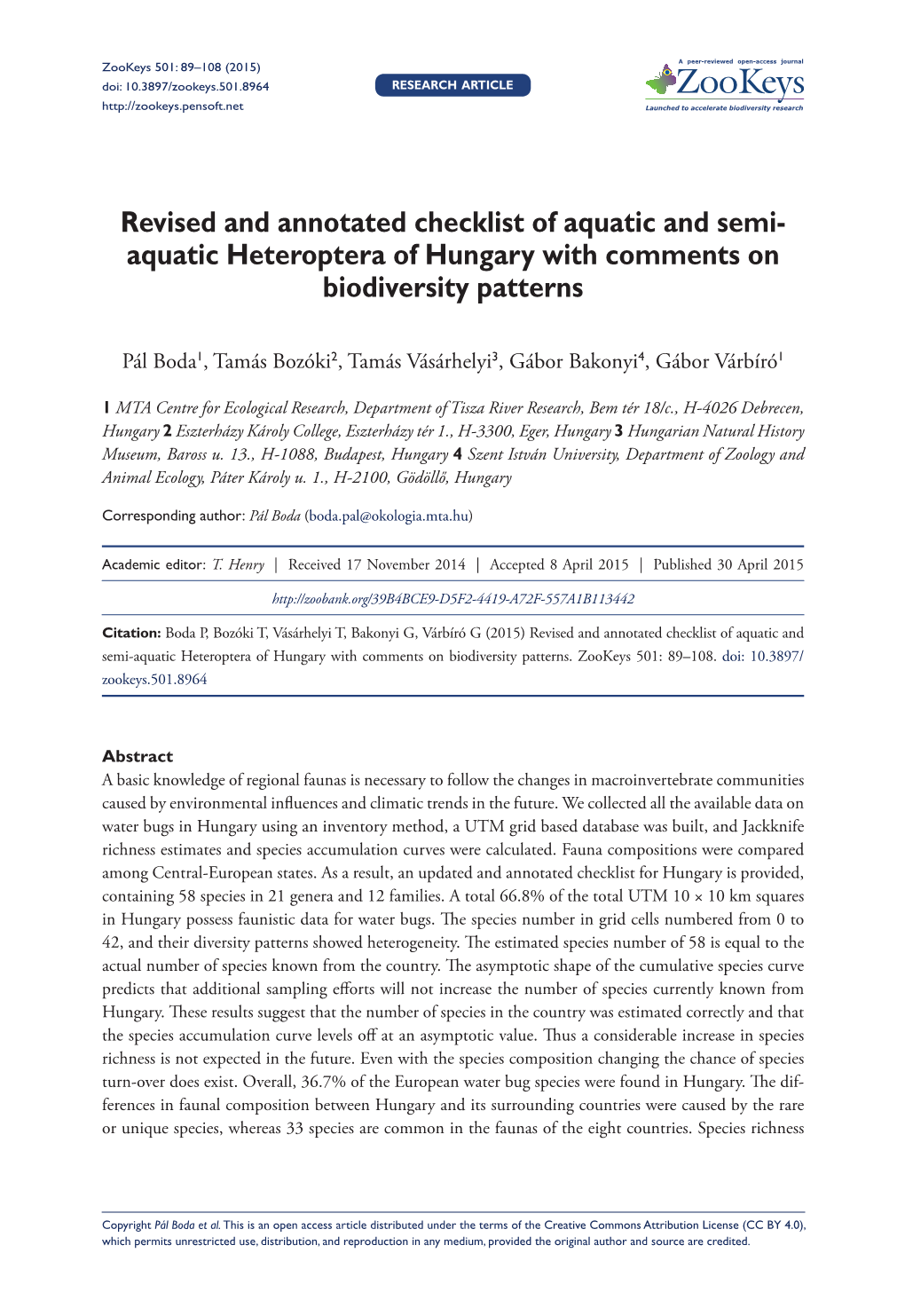 Revised and Annotated Checklist of Aquatic and Semi-Aquatic Heteroptera of Hungary with Comments on Biodiversity Patterns