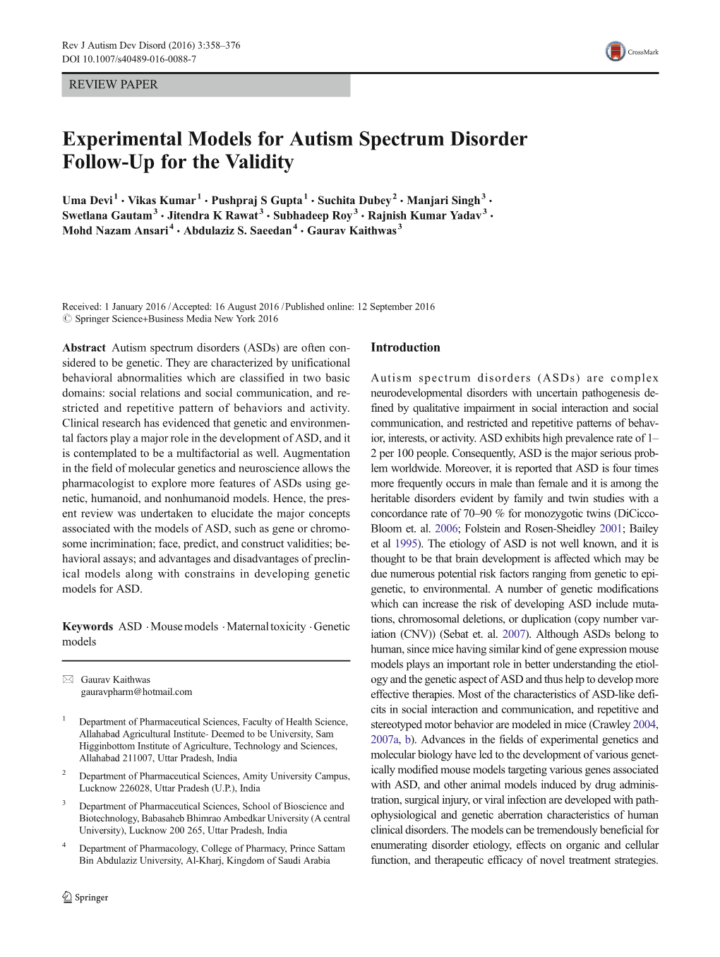 Experimental Models for Autism Spectrum Disorder Follow-Up for the Validity