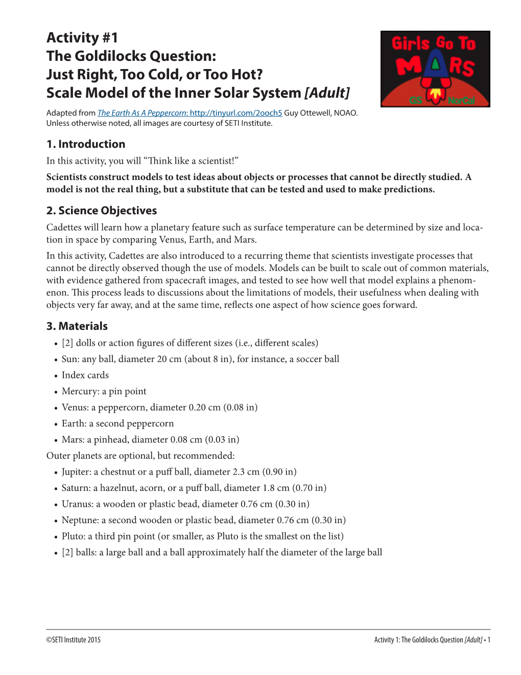 Scale Model of the Inner Solar System [Adult] Adapted from the Earth As a Peppercorn: Guy Ottewell, NOAO