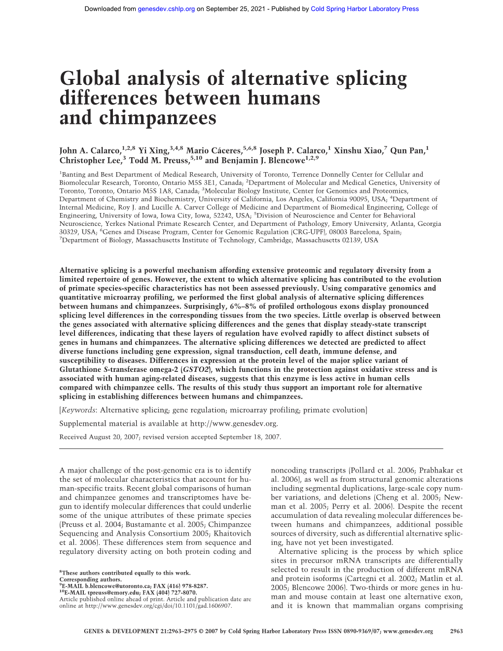 Global Analysis of Alternative Splicing Differences Between Humans and Chimpanzees