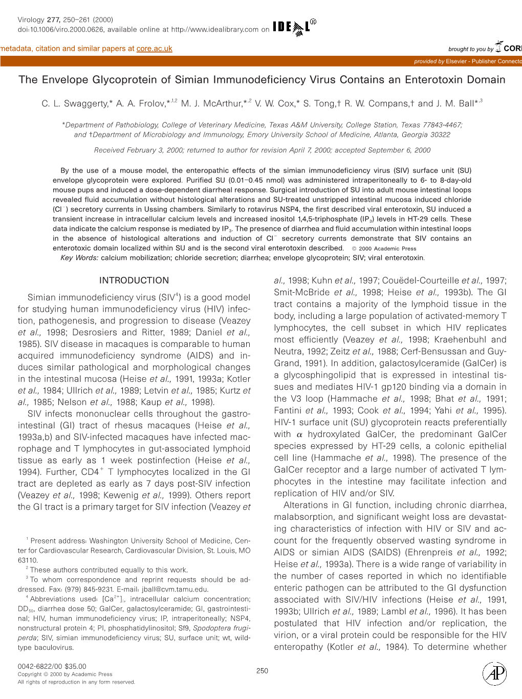 The Envelope Glycoprotein of Simian Immunodeficiency Virus Contains an Enterotoxin Domain