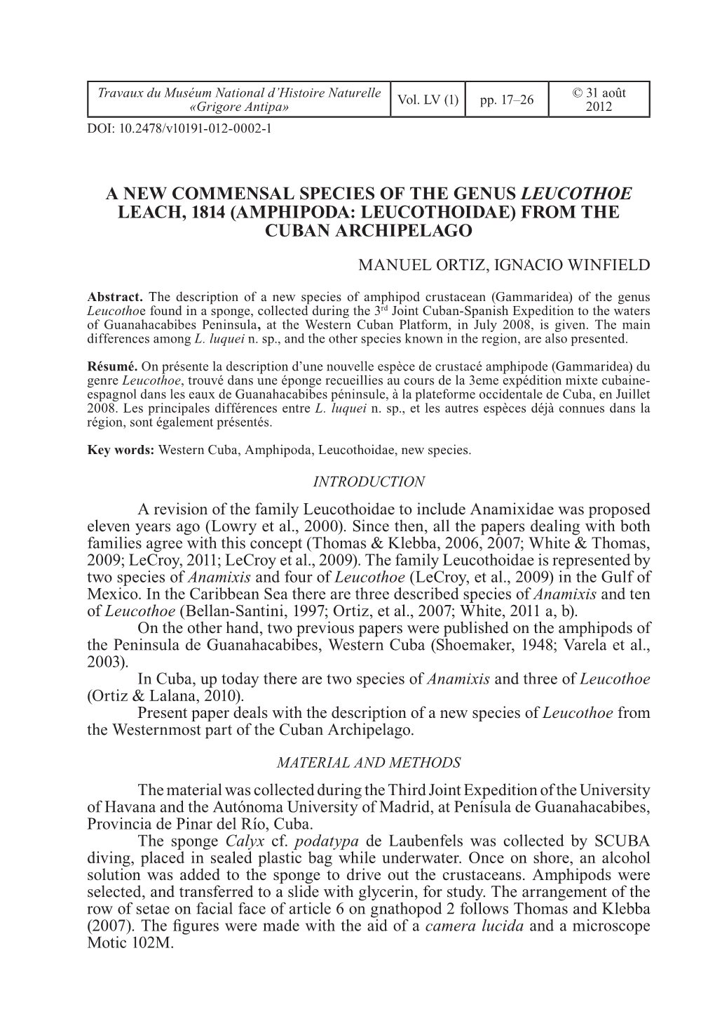 Amphipoda: Leucothoidae) from the Cuban Archipelago Manuel Ortiz, Ignacio Winfield