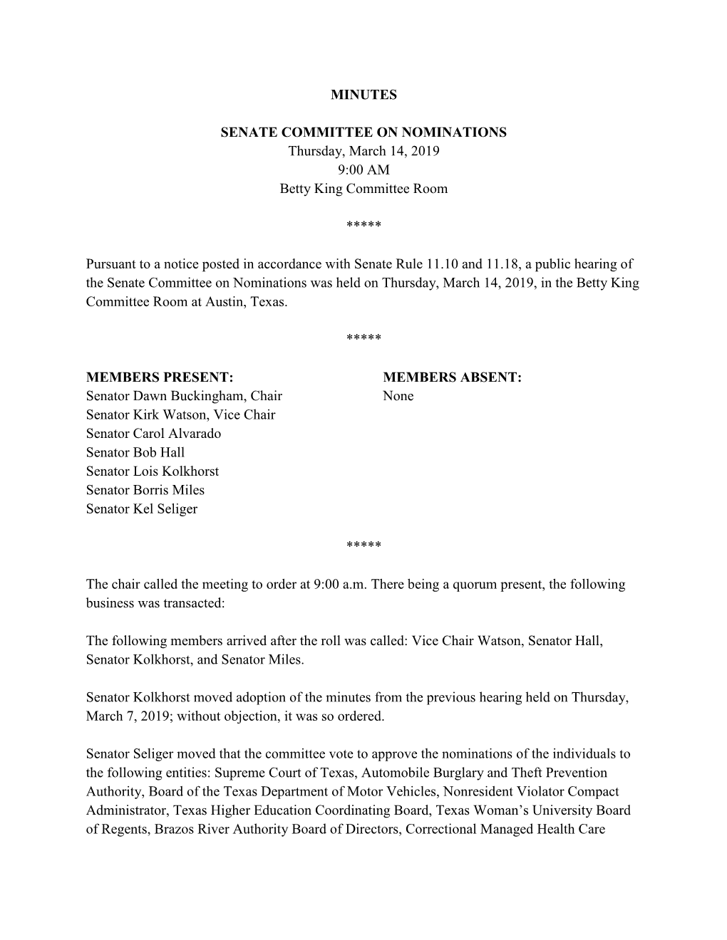 MINUTES SENATE COMMITTEE on NOMINATIONS Thursday