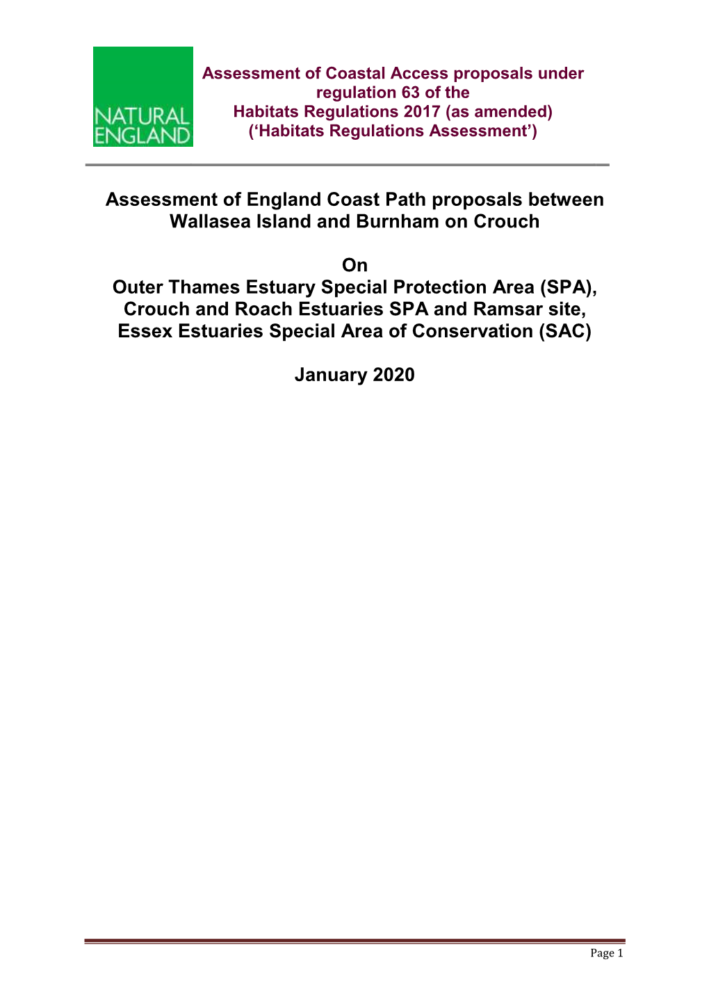 Assessment of England Coast Path Proposals Between Wallasea Island and Burnham on Crouch