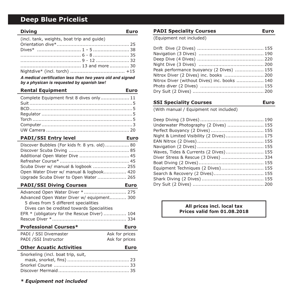 Deep Blue Pricelist