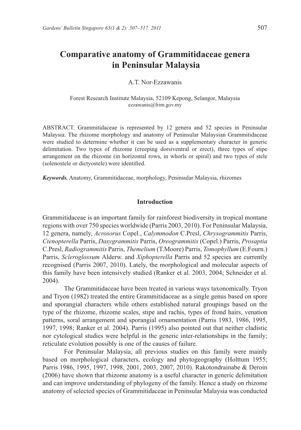 Comparative Anatomy of Grammitidaceae Genera in Peninsular Malaysia