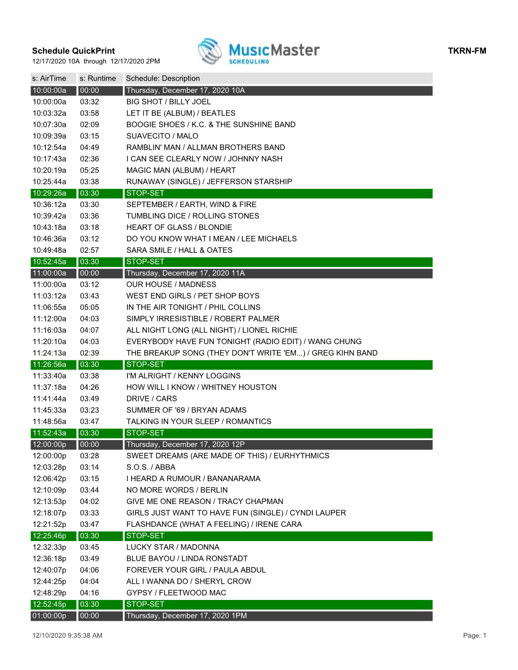 Schedule Quickprint TKRN-FM