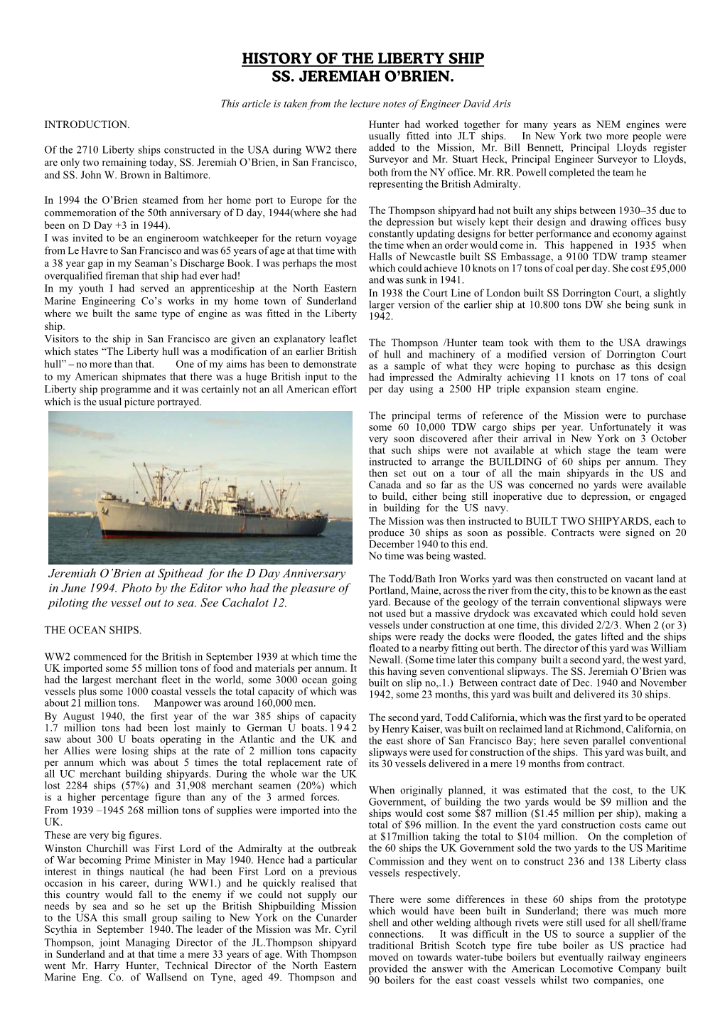 History of the Liberty Ship SS Jeremiah O'brien