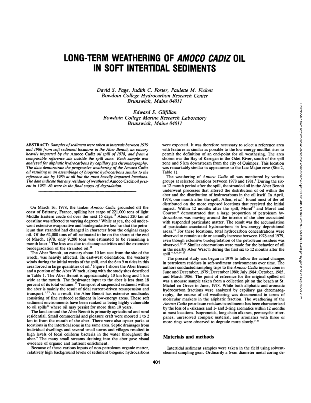 Long-Term Weathering of Amoco Cadiz Oil in Soft Intertidal Sediments