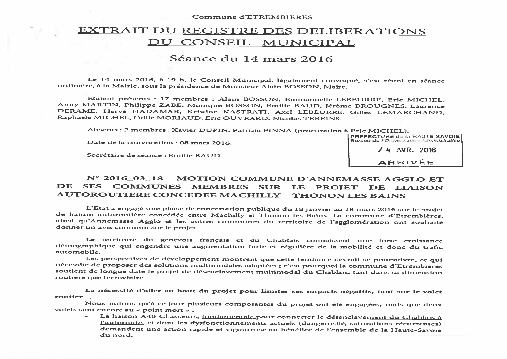 Délibération Du Conseil Municipal D'etrembières Du 14 Mars 2016