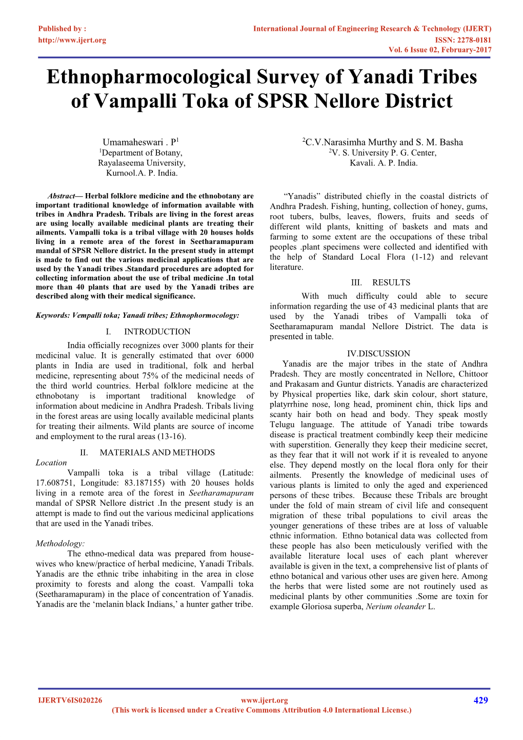 Ethnopharmocological Survey of Yanadi Tribes of Vampalli Toka of SPSR Nellore District