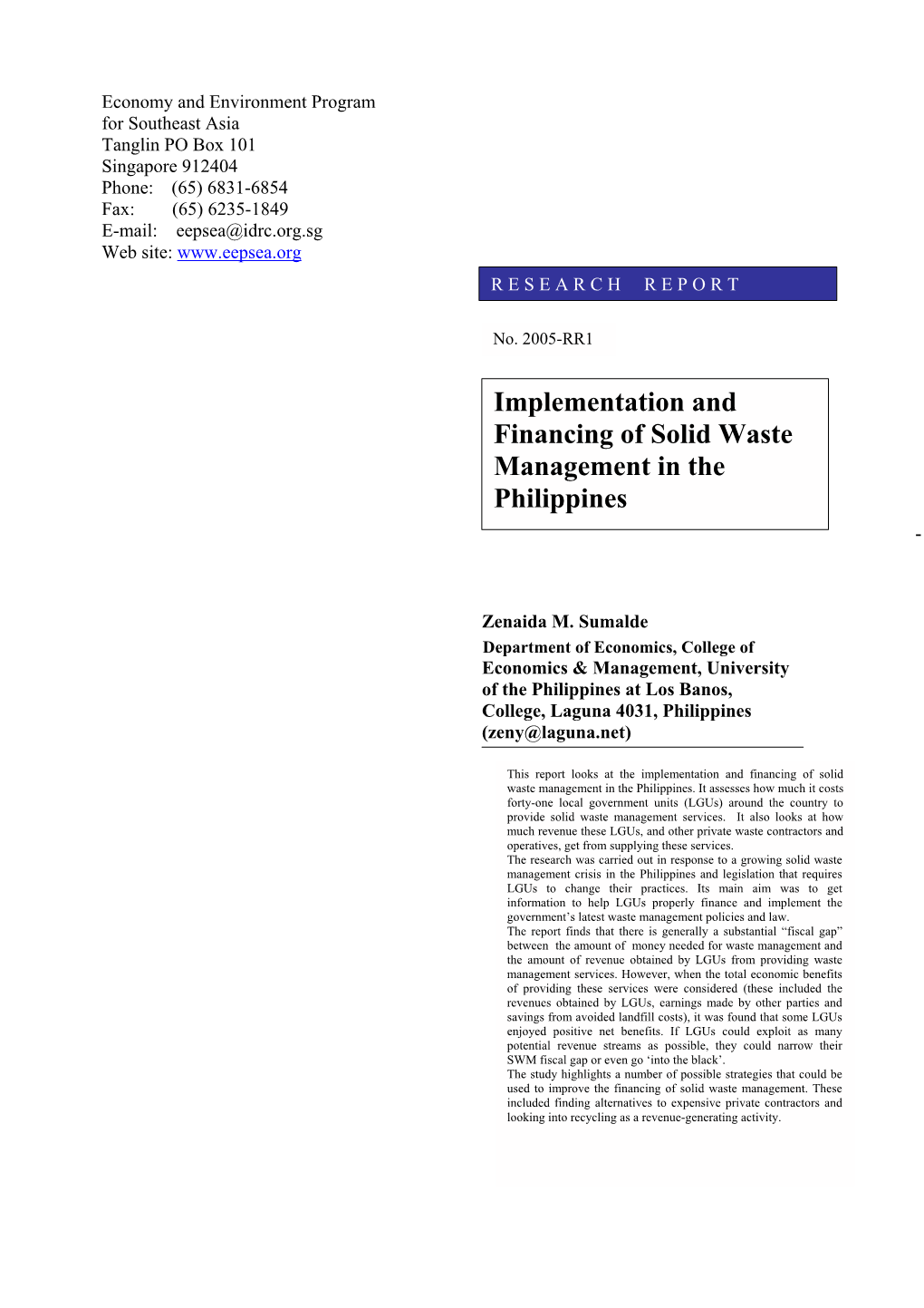 Implementation and Financing of Solid Waste Management in the Philippines