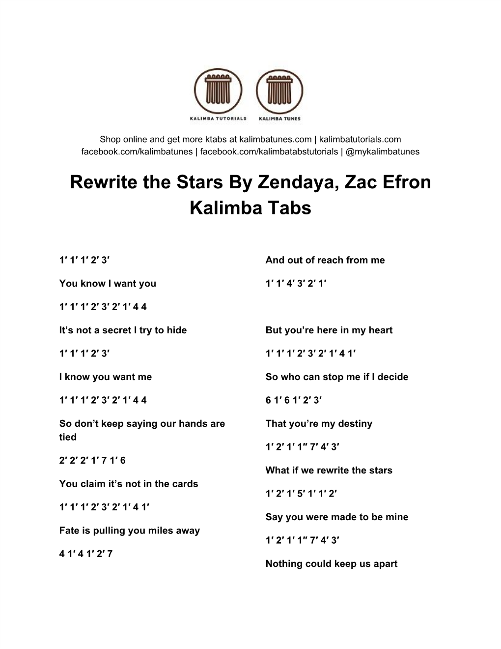 Rewrite the Stars by Zendaya, Zac Efron Kalimba Tabs