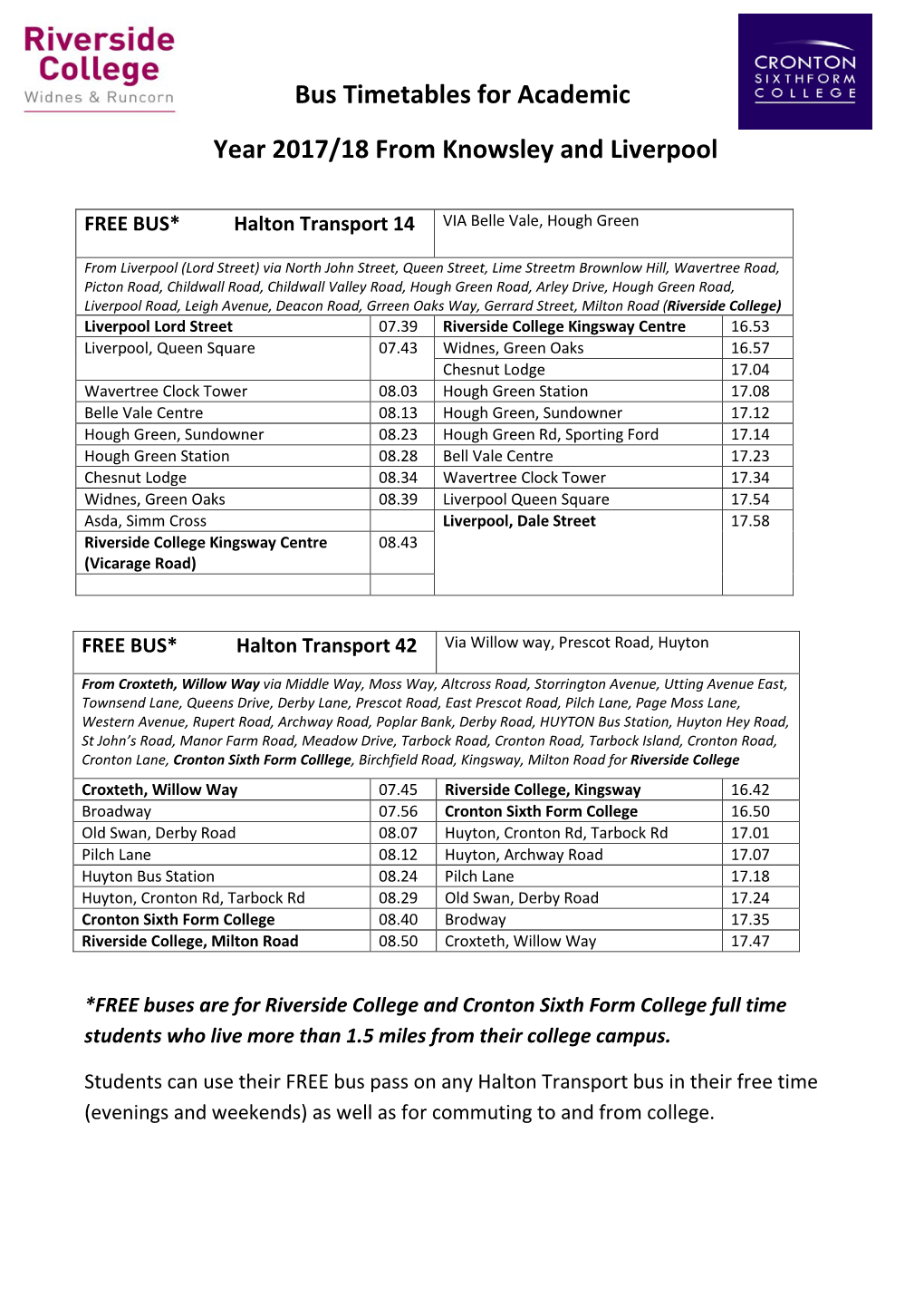 Bus Timetables for Academic Year 2017/18 from Knowsley and Liverpool