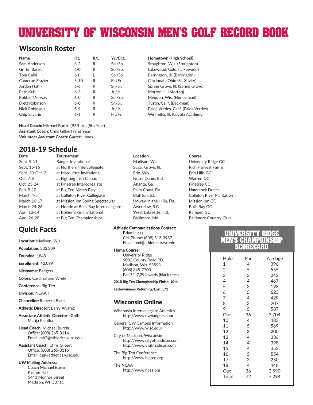 University of Wisconsin Men's Golf Record Book Wisconsin Roster Name Ht