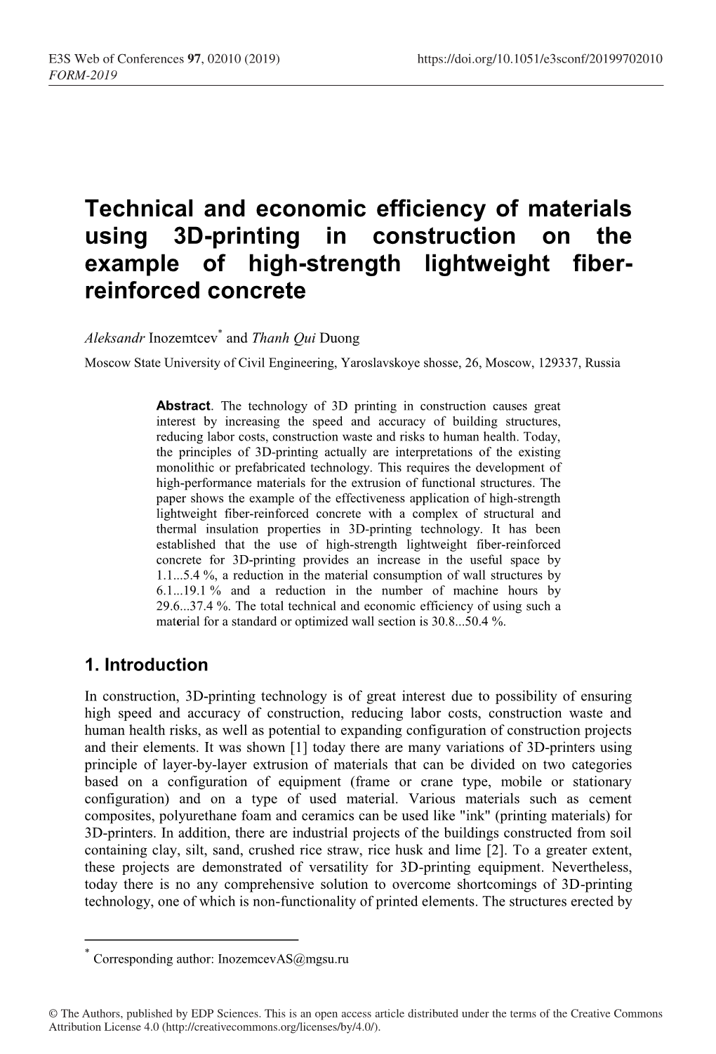 Technical and Economic Efficiency of Materials Using 3D-Printing in Construction on the Example of High-Strength Lightweight Fiber- Reinforced Concrete