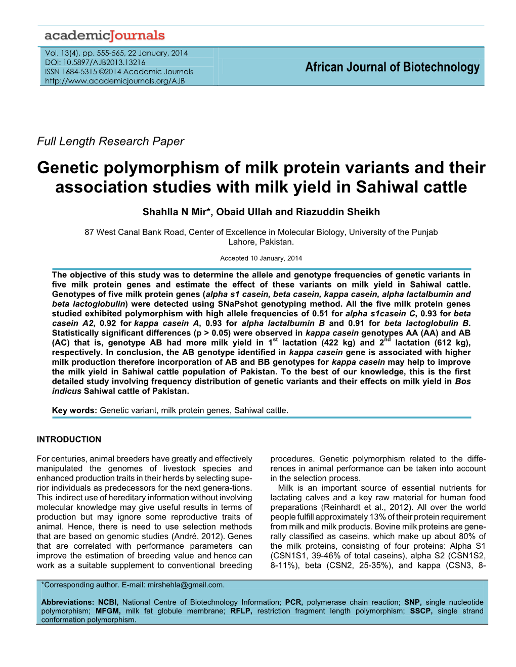 Genetic Polymorphism of Milk Protein Variants and Their Association Studies with Milk Yield in Sahiwal Cattle