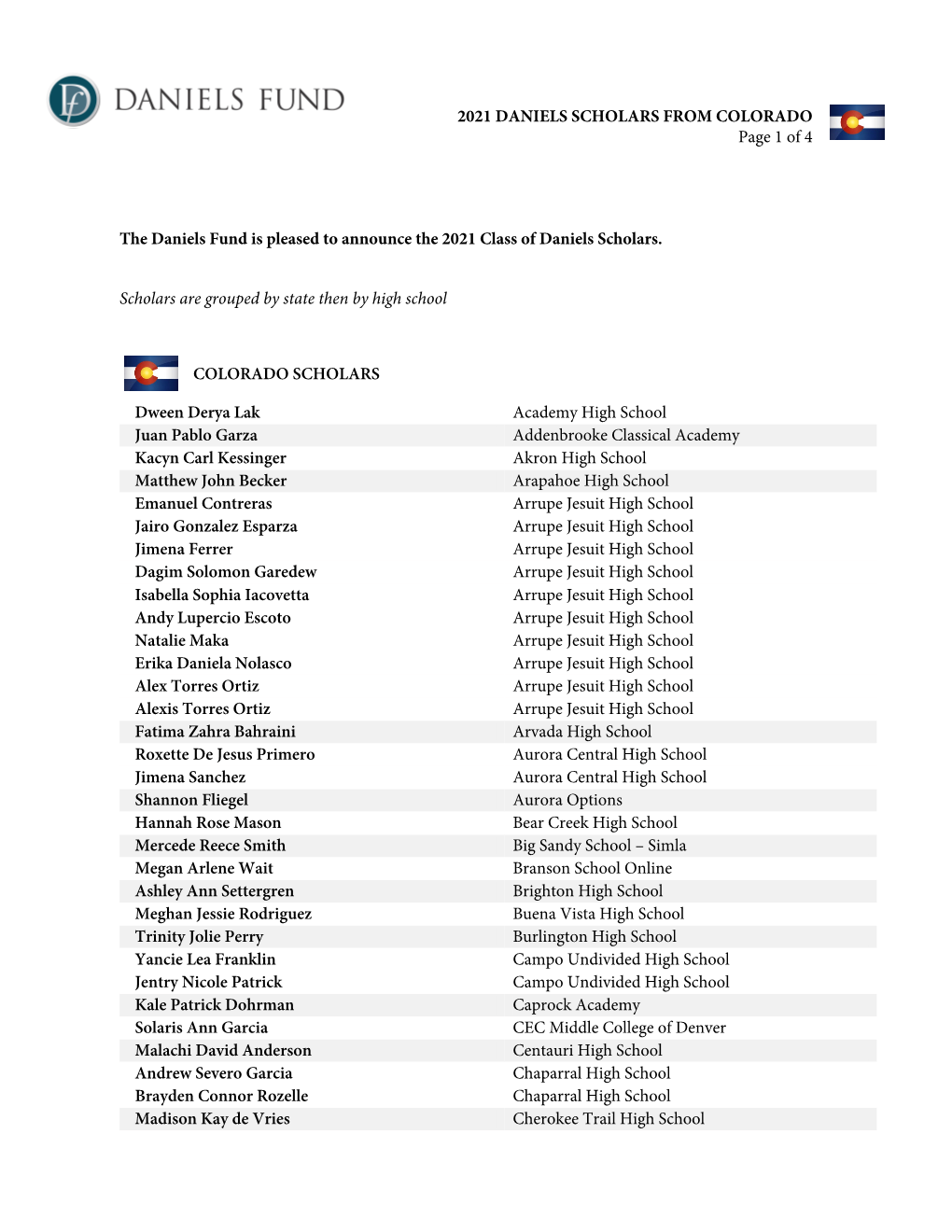 2021 DANIELS SCHOLARS from COLORADO Page 1 of 4 The