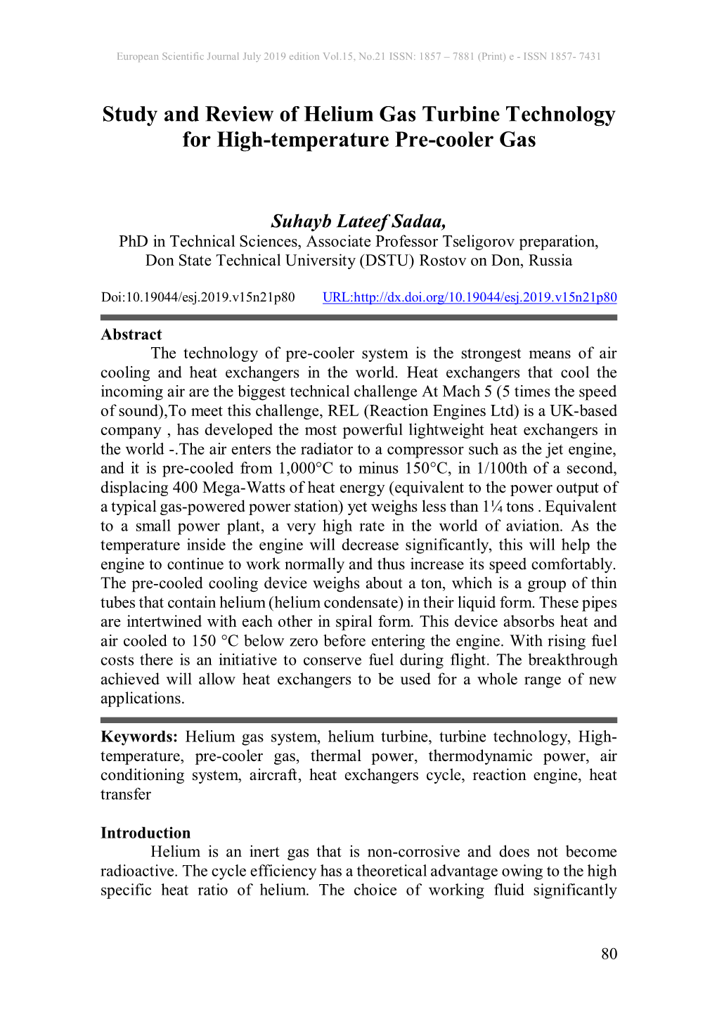 Study and Review of Helium Gas Turbine Technology for High-Temperature Pre-Cooler Gas