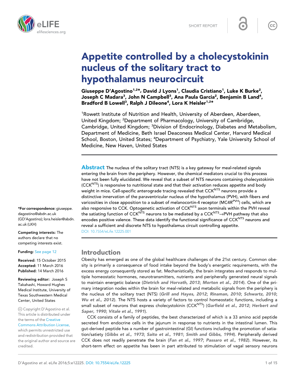 Appetite Controlled by a Cholecystokinin Nucleus Of