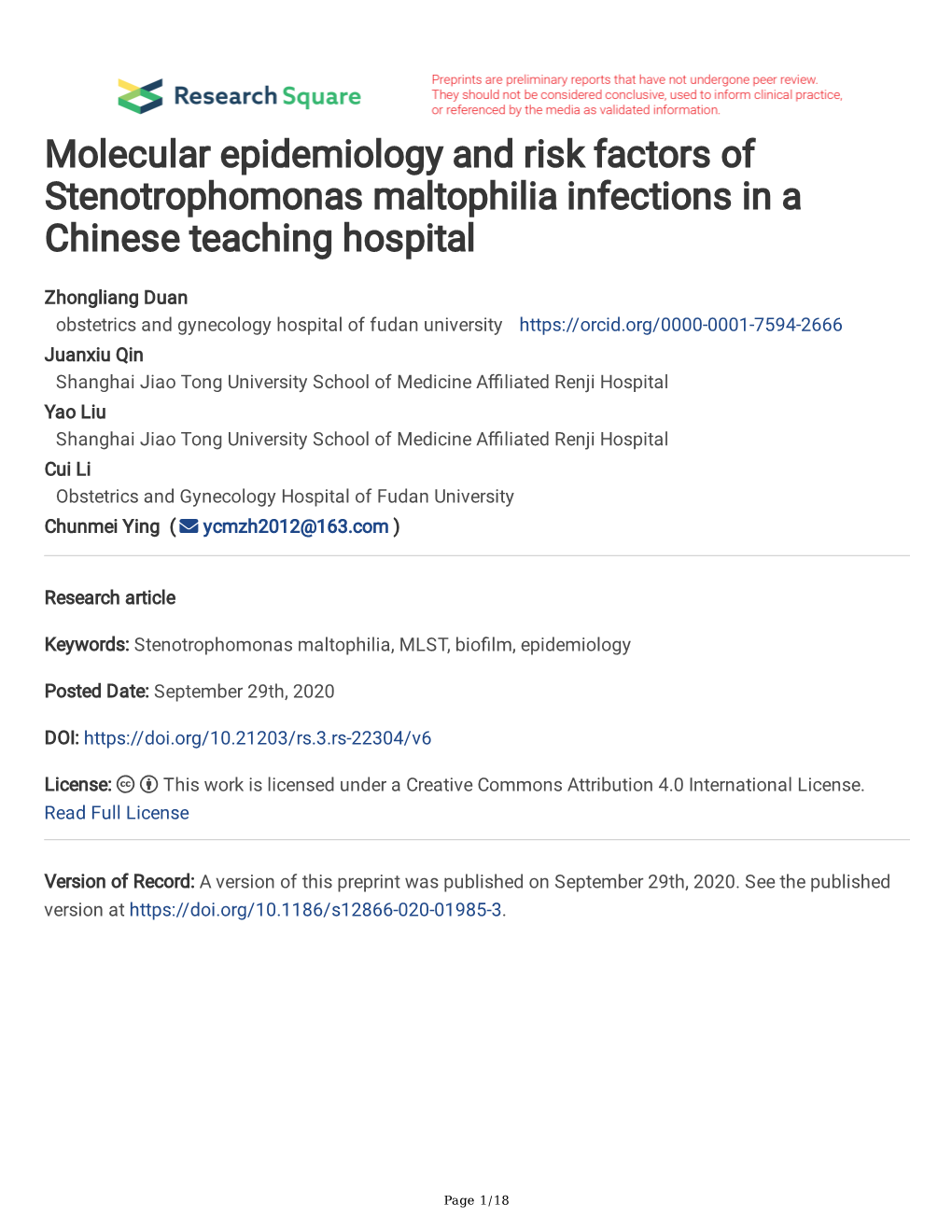 Molecular Epidemiology and Risk Factors of Stenotrophomonas Maltophilia Infections in a Chinese Teaching Hospital